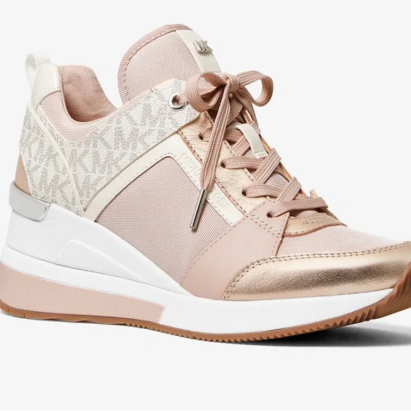 MICHAEL KORS MK Georgie Leather Logo Trainer Pink Rose Gold Women's Sneakers - Picture 5 of 16